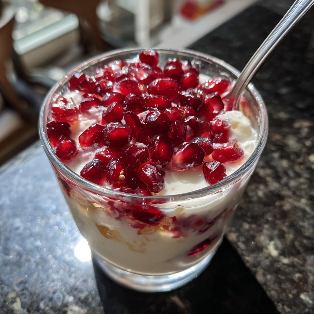 Frühstück im Glas mit Joghurt und Granatapfel